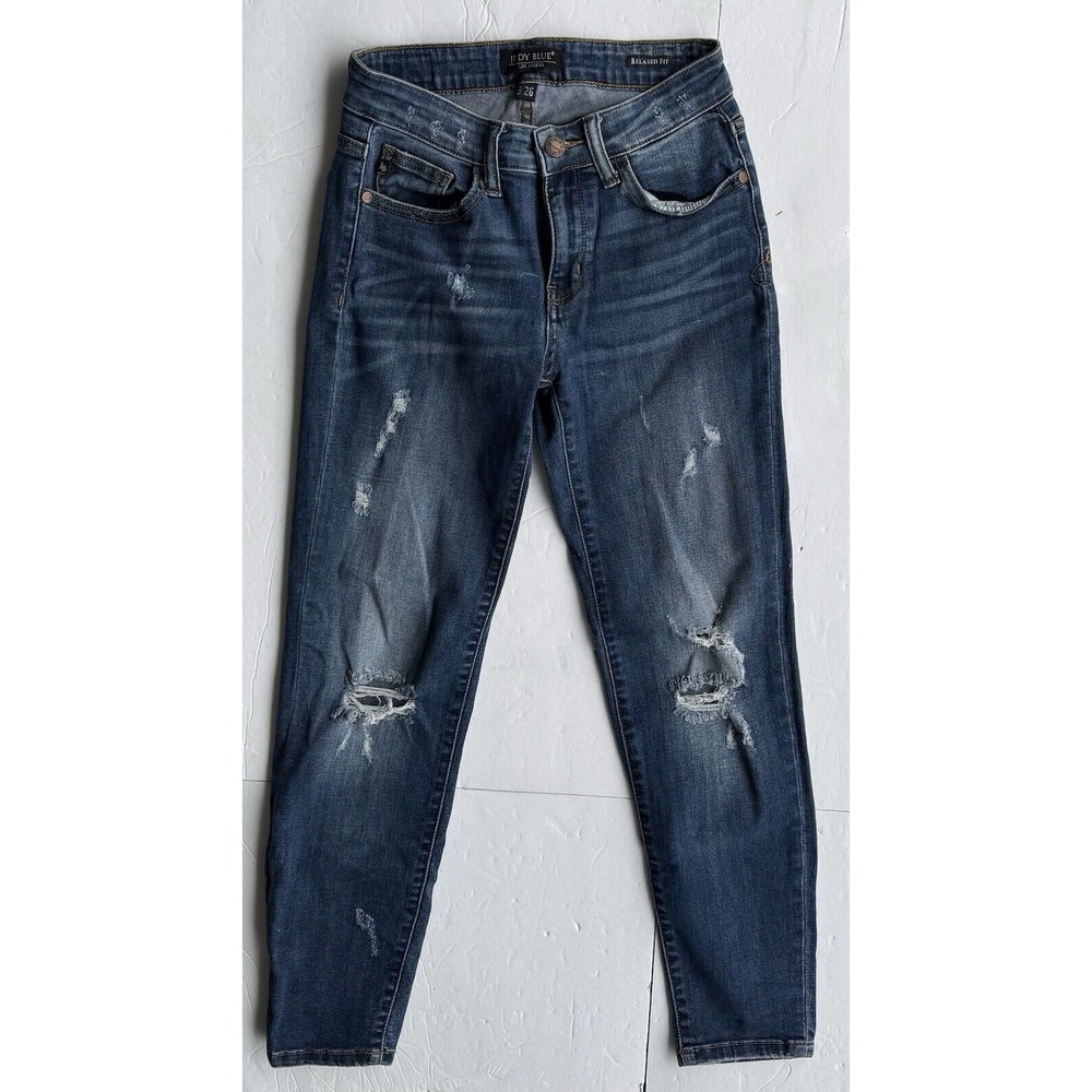Judy Blue Relaxed Fit Jeans Womens 3/26 Blue Distressed Stretch